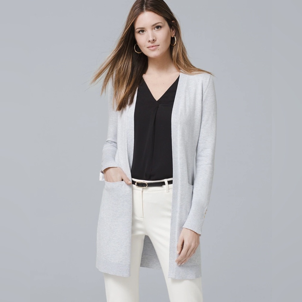 New White House Black Market Grey MIDI Sweater Cover Up Open Cardigan